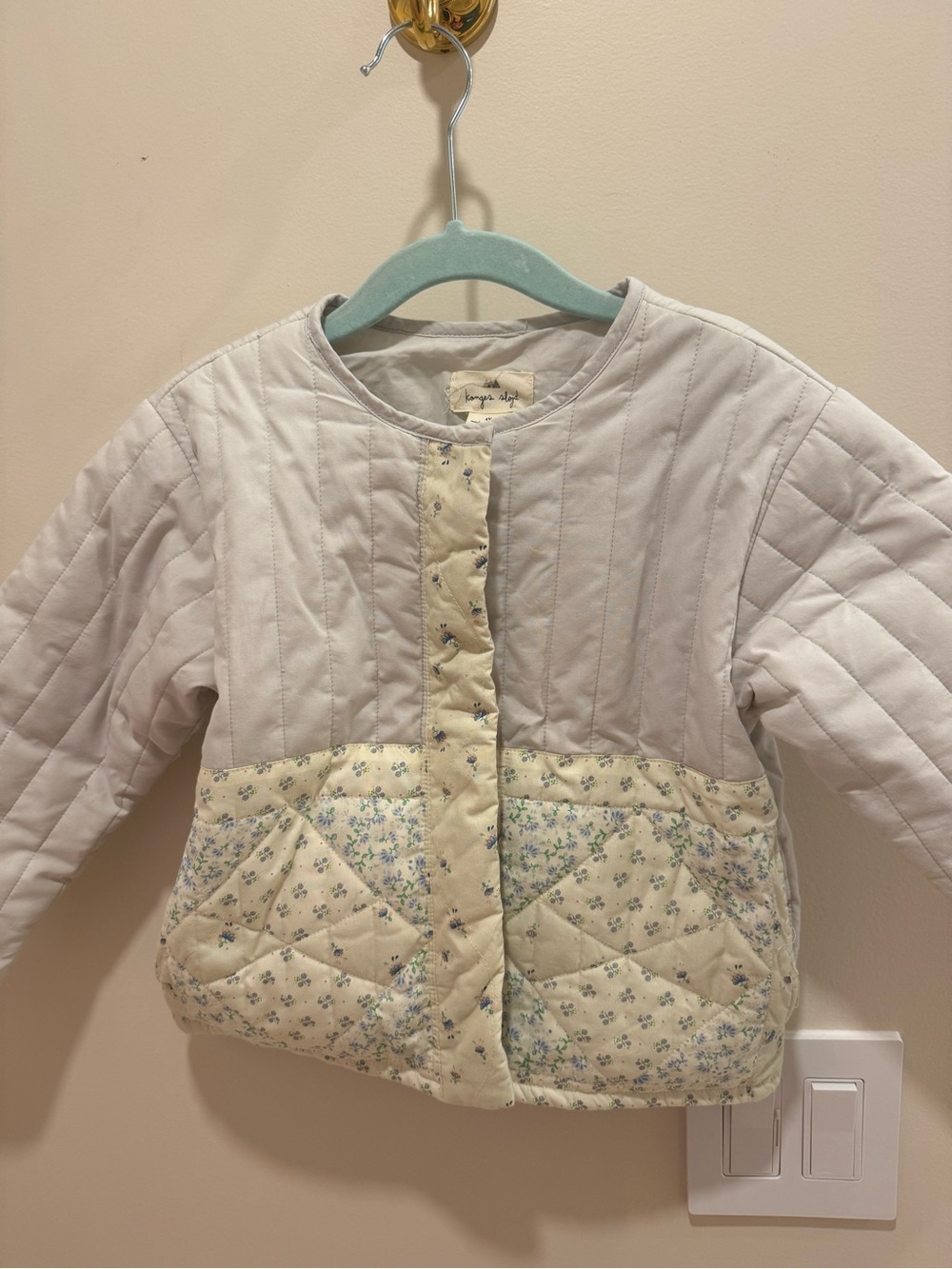 Quilted Floral Panel Kids Jacket - Light grey & Cream